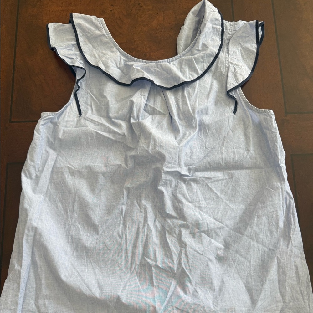 J. Crew White Sleeveless Ruffle Neck Blouse with Navy Trim